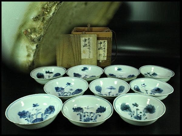 唐物 古染付 青花 青菜紋 皿 十件揃 虫喰い 中国(K-A408)