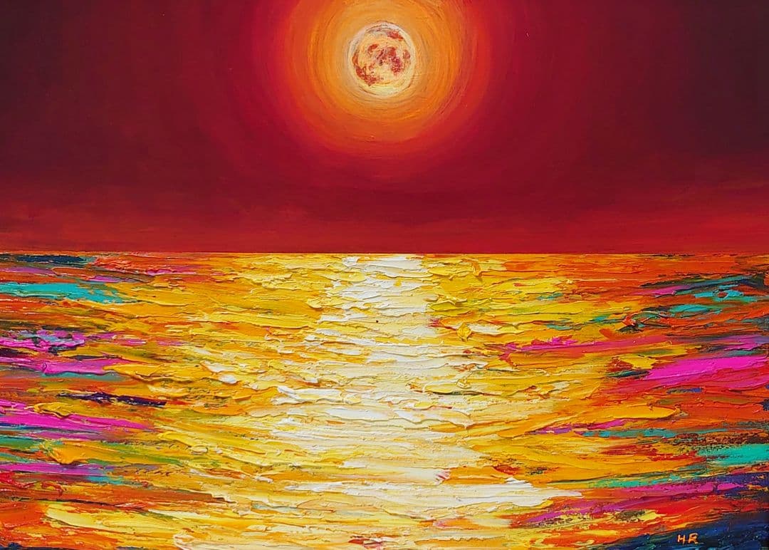油絵 絵画 オレンジの月【Ａ3】