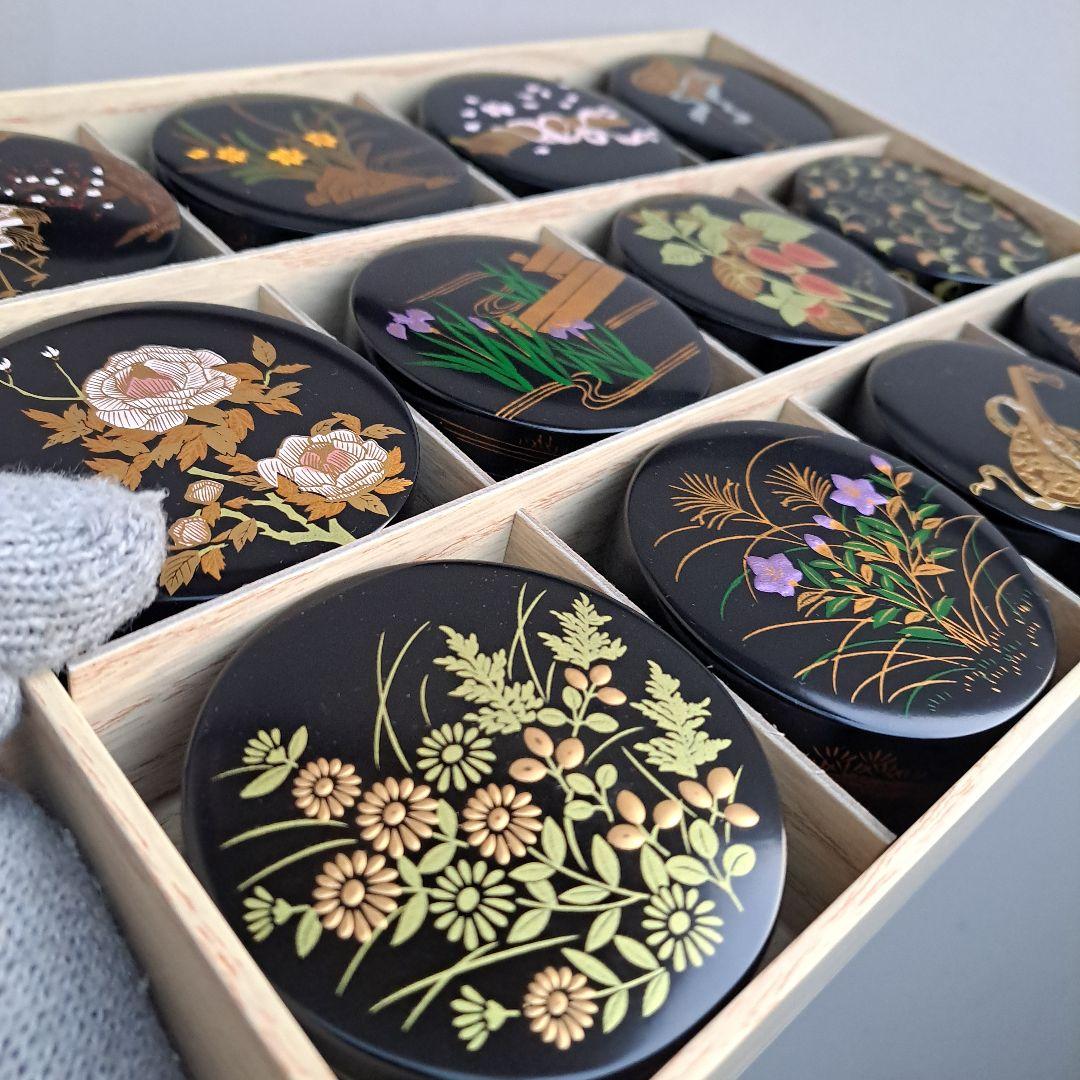 【雪月花の香合セット】合成漆器　切立/ワンタッチ式　蒔絵　未使用品