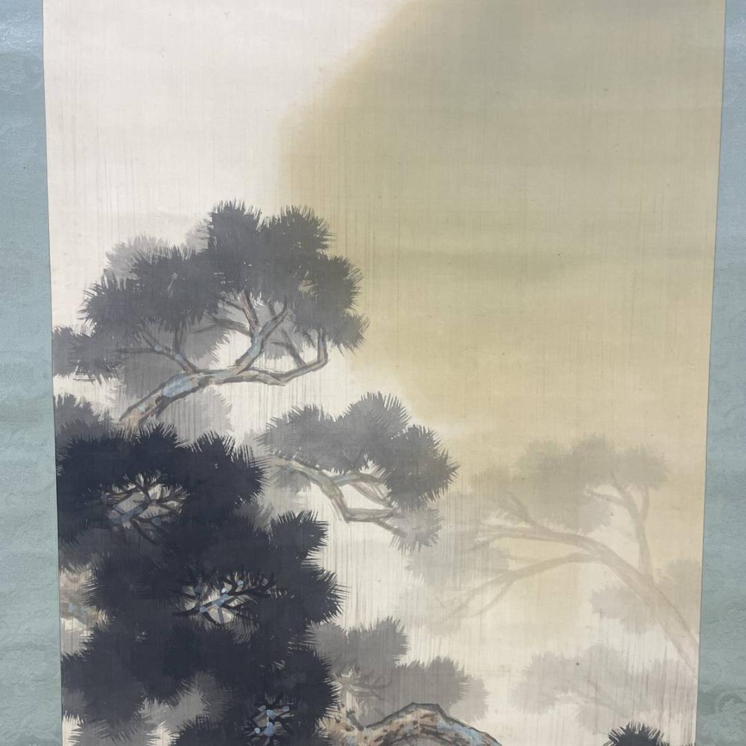 真作/春堂/雨中嵐山春色図/山水/桐共箱付/布袋屋掛軸A-298