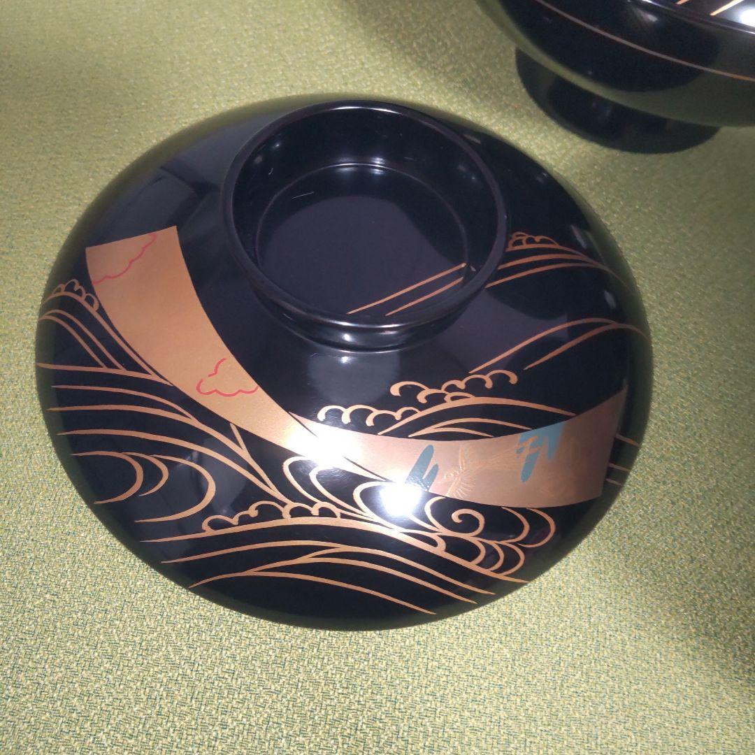 輪島塗 蓋付 椀 吸飲椀 波 鳥 金彩 蒔絵 松 黒 漆塗り 木箱付