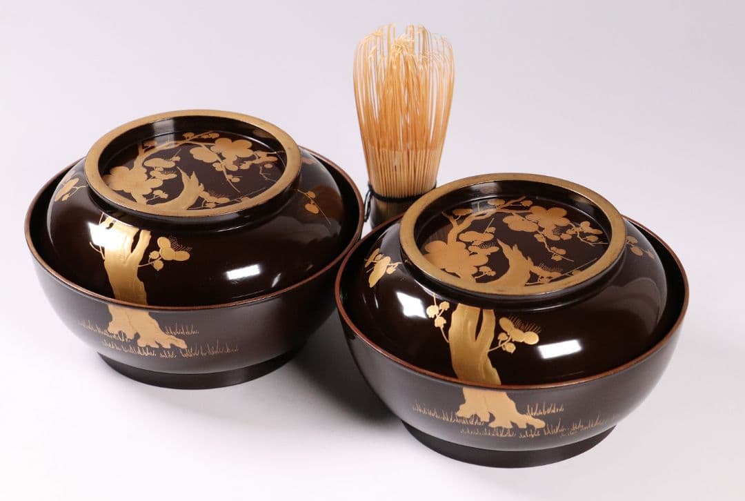 CL50 時代輪島塗 梅金蒔絵 黒塗椀 二客 木製漆器 漆芸 茶懐石