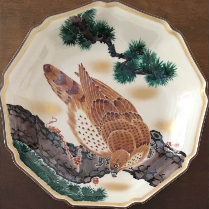 九谷焼 飾皿 直径30.6cm 恕泉作 松と鷹
