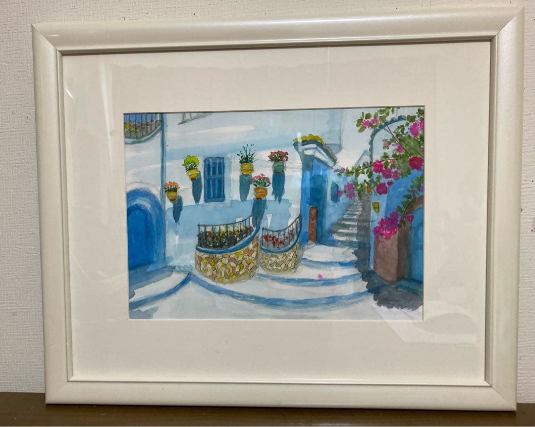 水彩画　「　ブーゲンビリアの街かど　」　原画　額付