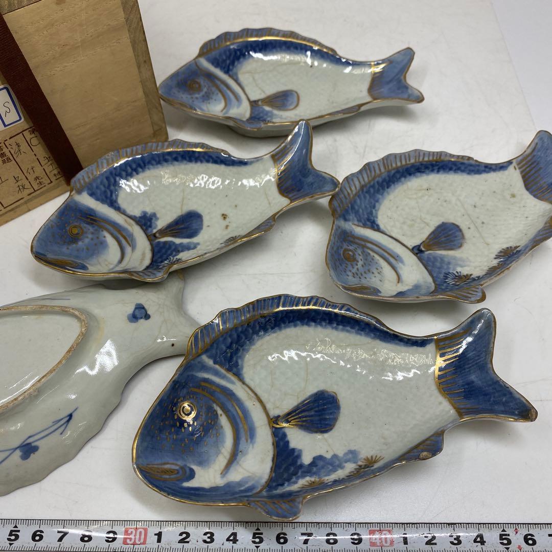 江戸中期　藍九谷　鯛の図皿　5客　トヒル　木箱付　東さ7-0809☆2F