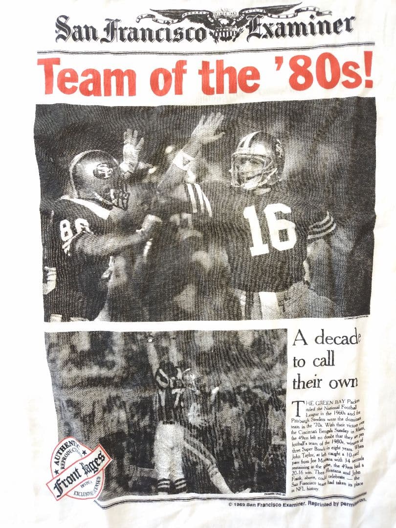 1989年新聞記事デザイン NFL SF 49ers Tシャツ 未使用 Mサイズ
