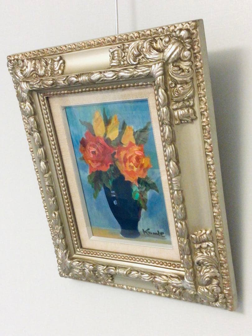 ●真作保証●日展特選・洋画家・神戸文子●薔薇・油彩画SM・豪華額装●真筆証明書付