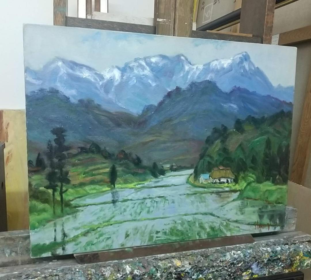 油絵「早春」船形山 1986 P12 絵画