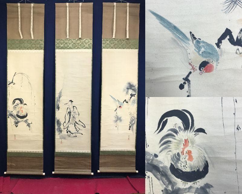真作/狩野岑信/桃仙人花鳥図/東方朔/尾長鳥図/三幅対/名家伝来/AE-205