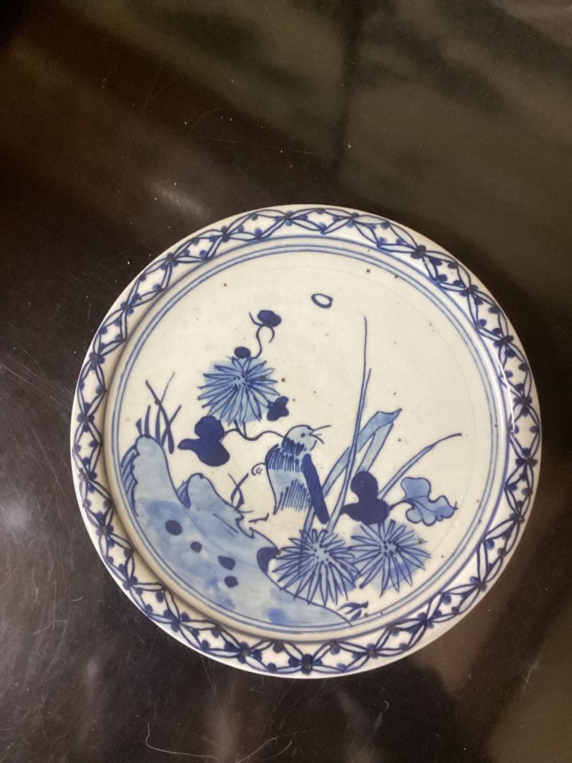 古美術　初期伊万里　染付花鳥文中皿　時代物江戸前期
