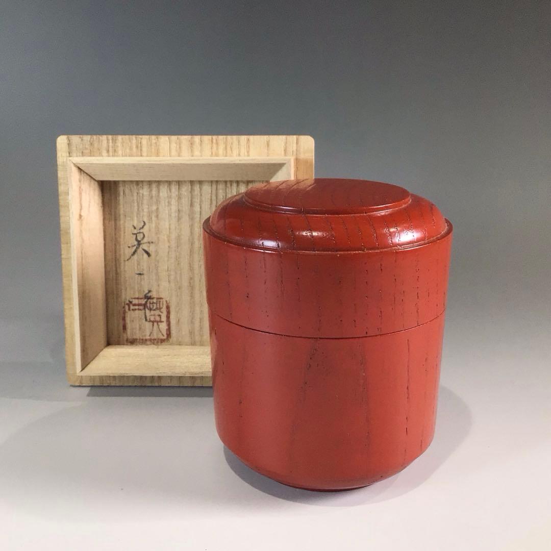 Ｐ５９９　薄茶器　『木製』『石村英一作』『朱塗』『棗』　共箱　茶道具