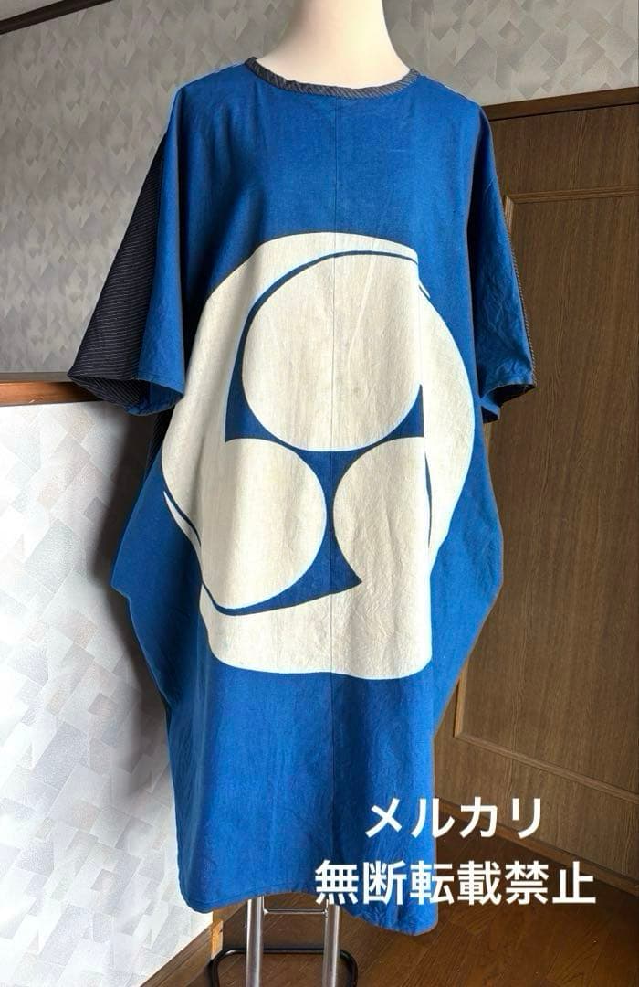 家紋　大幕　風呂敷　ドロップポケットワンピース　前後同型　藍染木綿