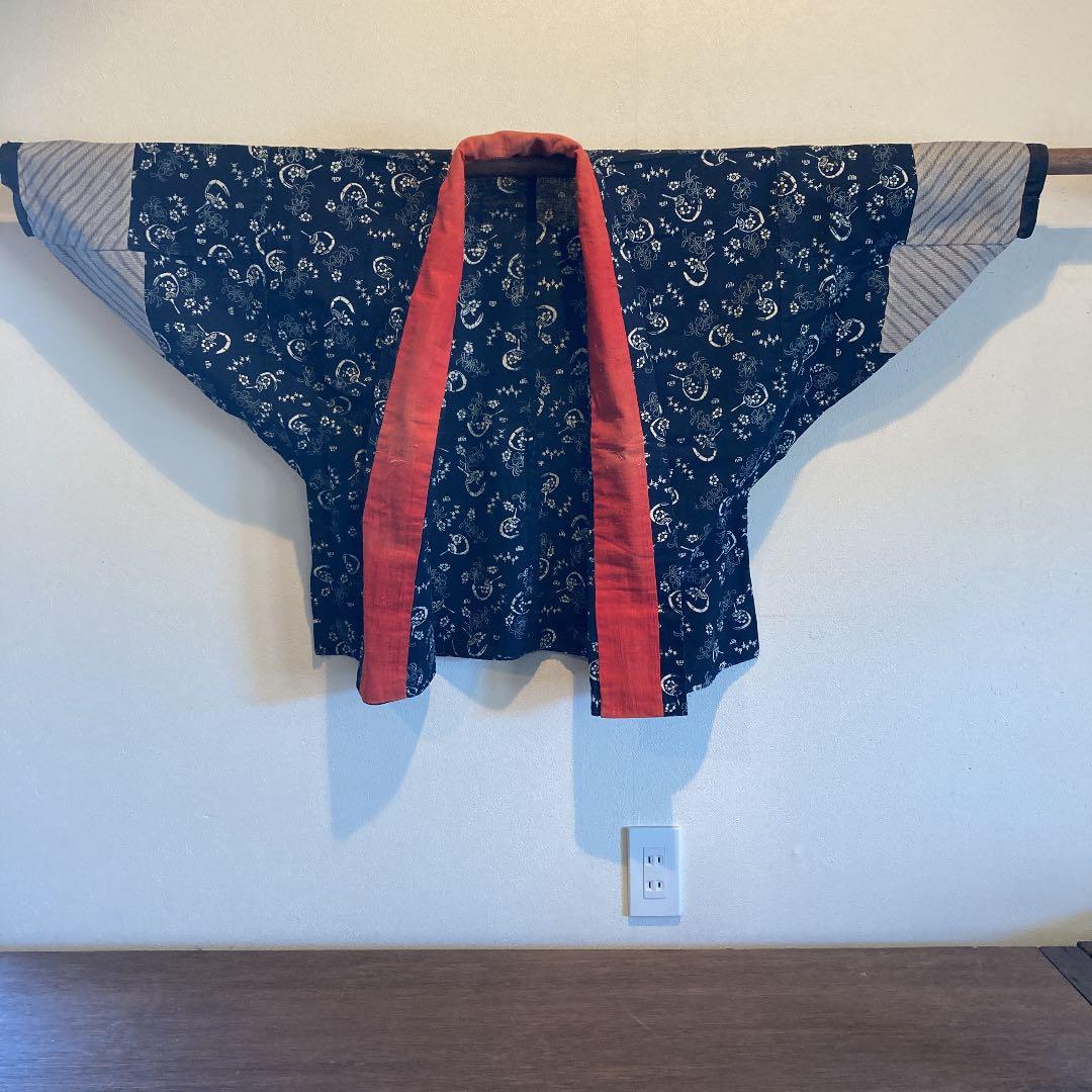 古布　両面染め　型染　藍染　上っ張り　紅花染め　団扇