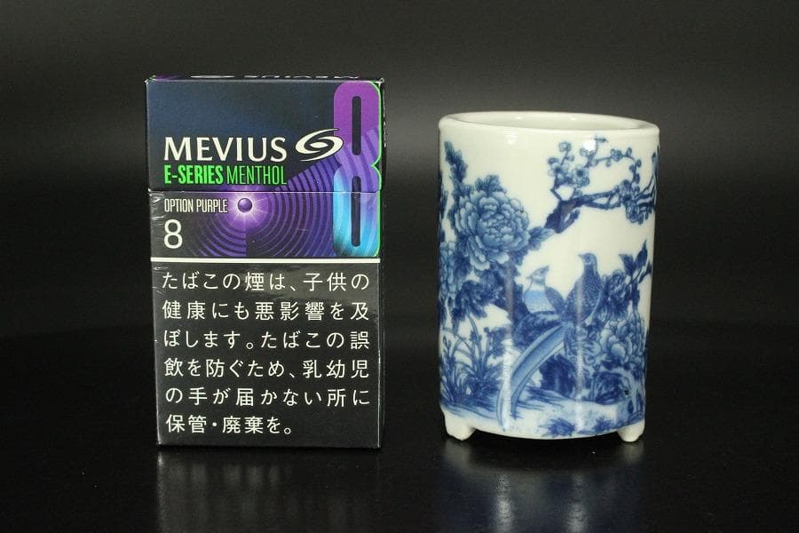 中国美術 青花 花鳥紋 筆筒 乾隆年製 高8cm 文房具(HA414)