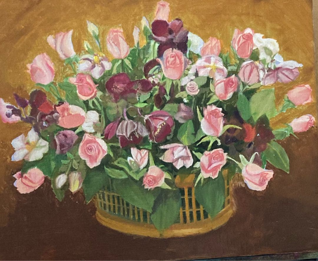油彩画　「　バラの花籠　」　原画　F6