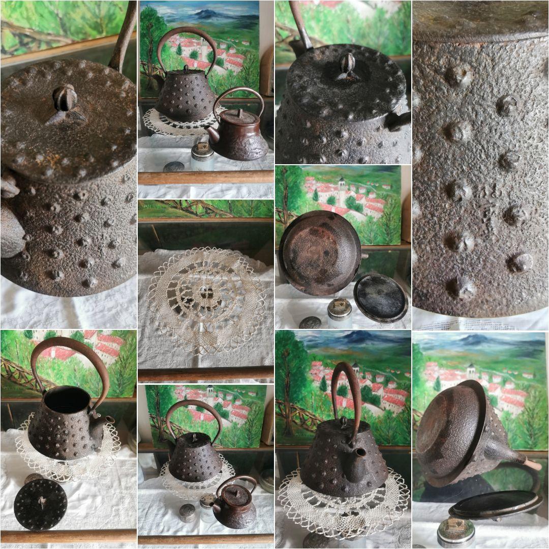和骨董 重厚な1.5Ｌ南部あられ鉄瓶 鉄器 古物 骨董 茶道具 茶釜 菊/蓮摘み