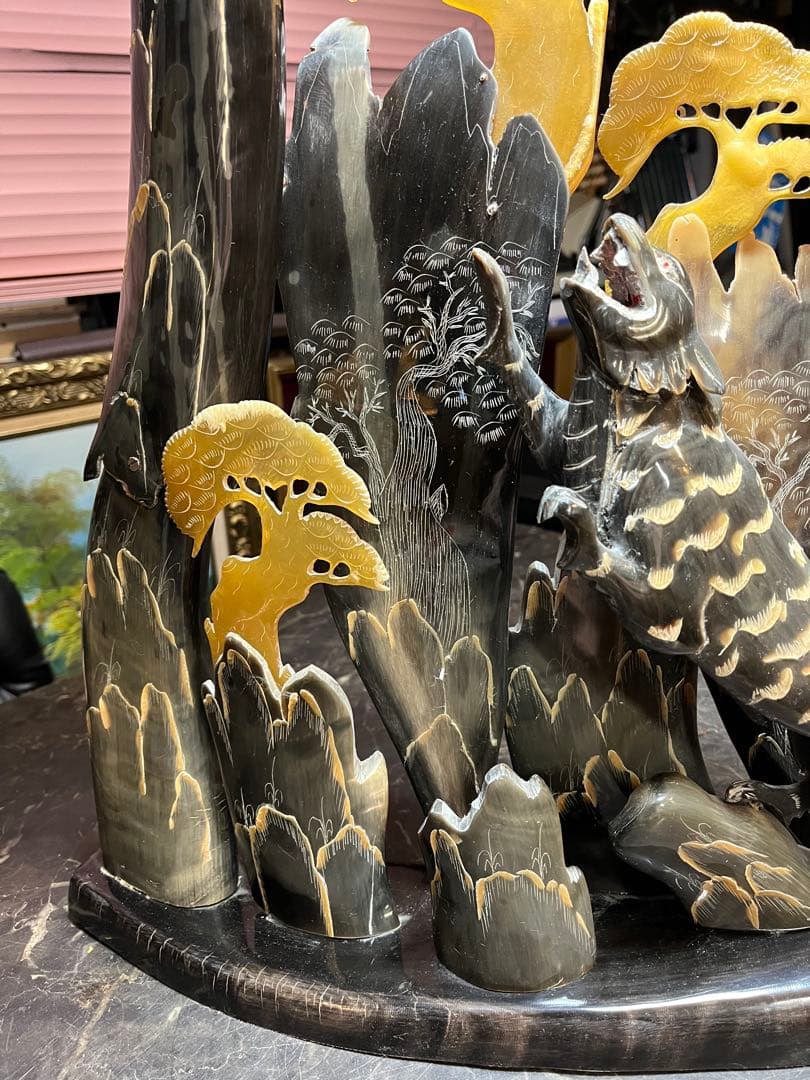 中国芸術、中国彫刻、水牛のツノ彫刻 鷹と虎の水牛のツノ彫刻、中国美術 貴重美術