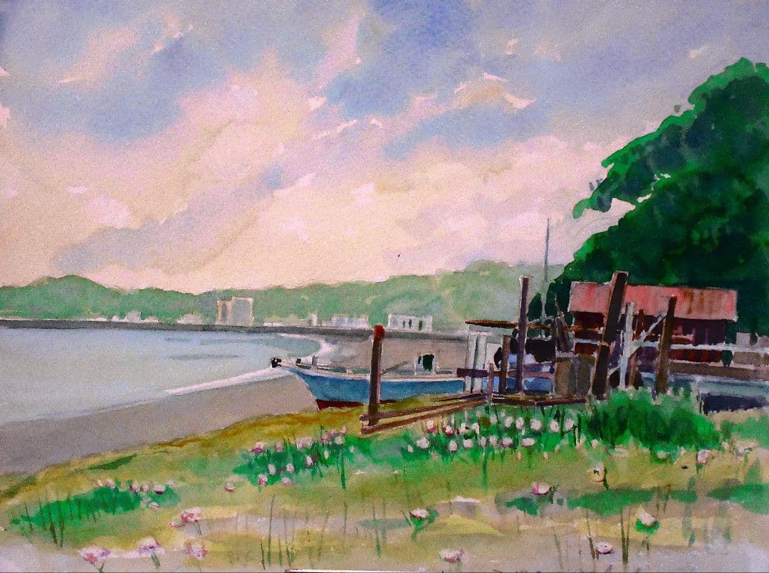 水彩画 海と船の風景 額装済み 原画