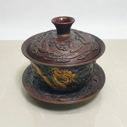 銅器 中国茶器 龍鳳呈祥銅鎏金三才蓋碗 茶碗 カップ 工芸品 置物