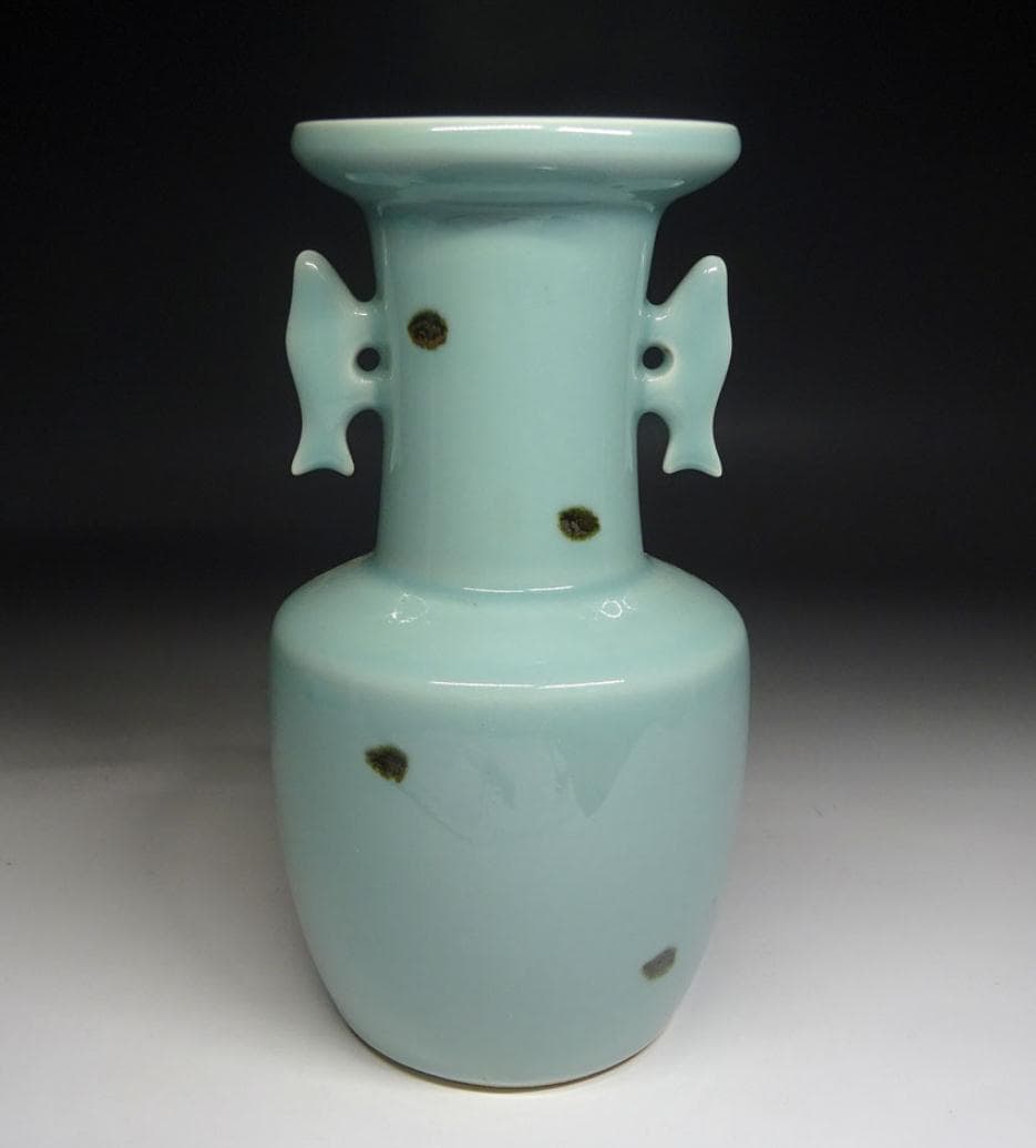 砥部焼 栖山窯 飛青磁 双魚耳 花瓶 高約20.5cm 時代物 t06201