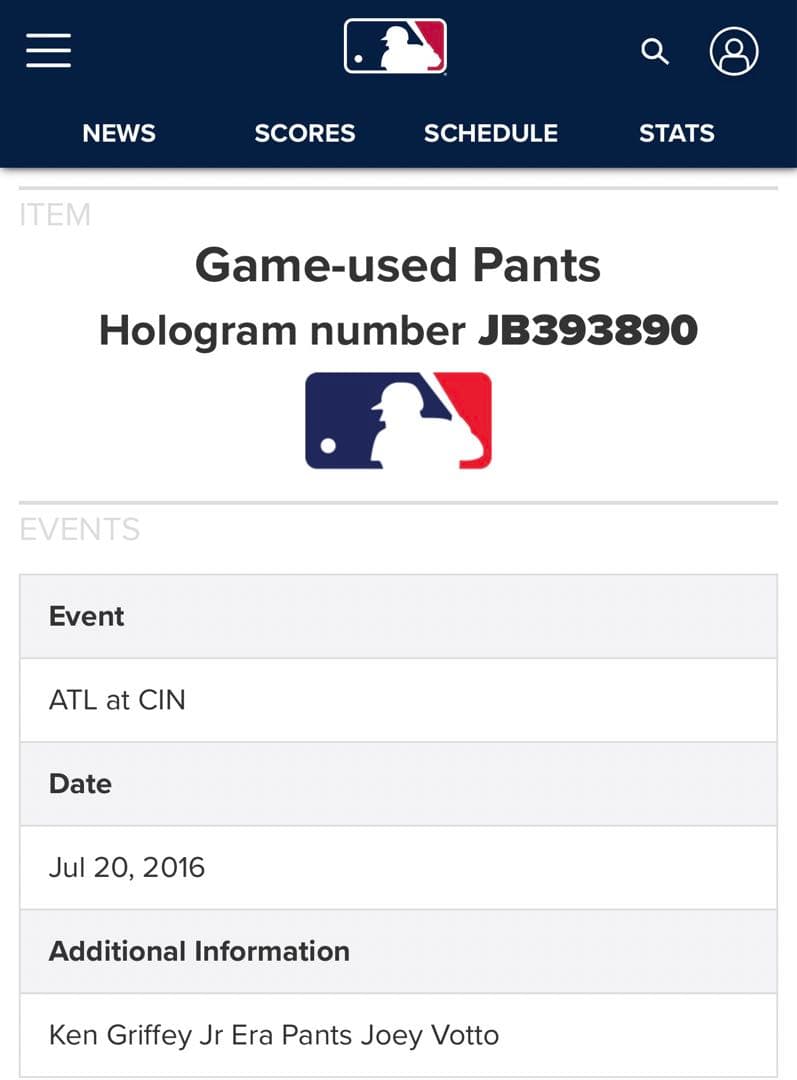 Joey Votto 2016年ゲーム実使用ホームパンツ　7回裏にホームラン