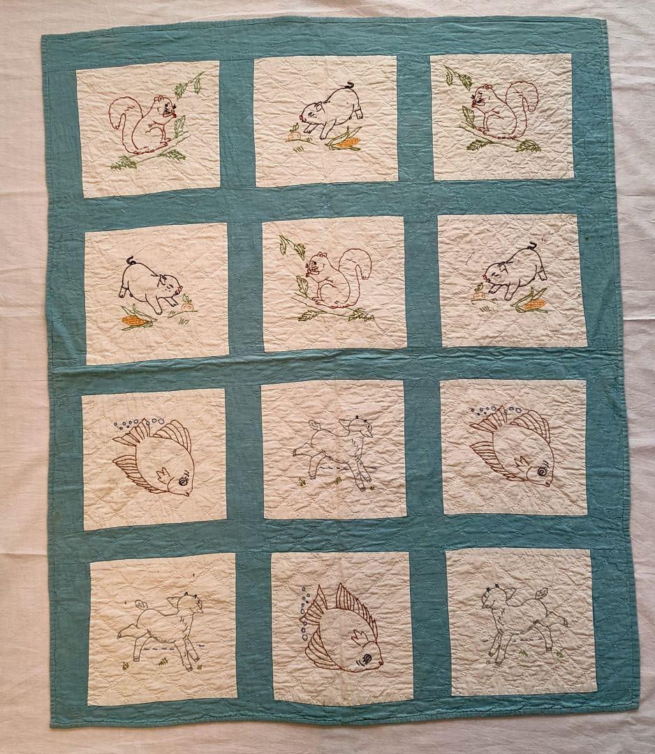 アンティーク キルト USA 動物刺繍