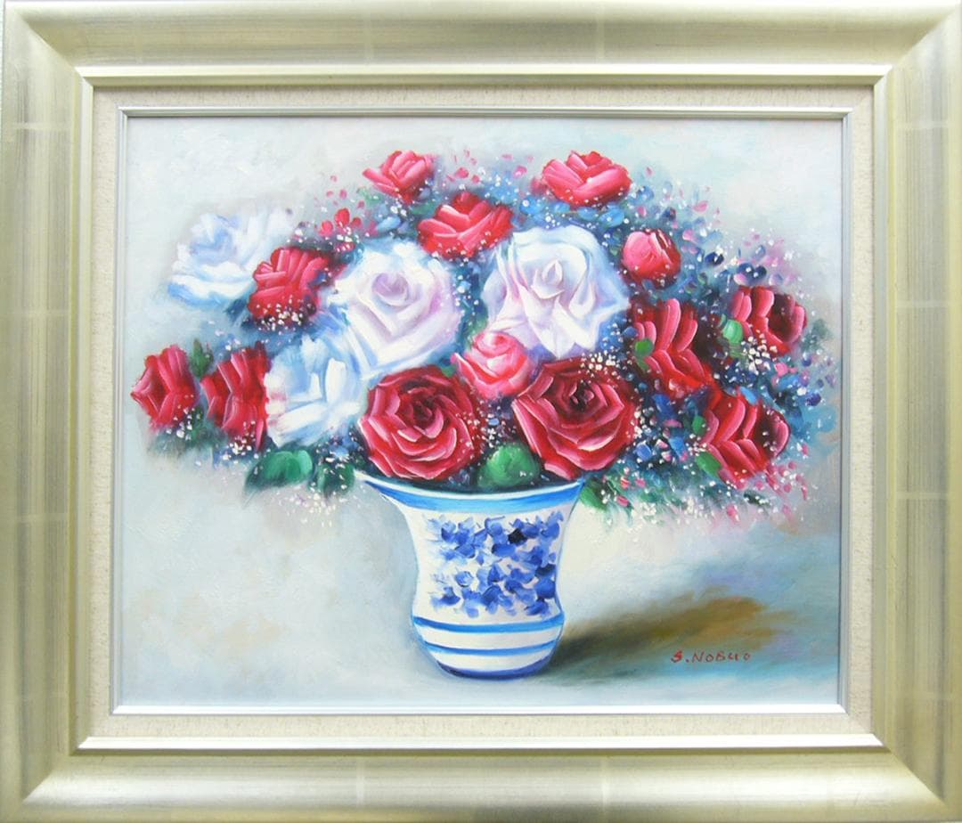 絵画 油絵 作者不詳 肉筆油絵 静物画 薔薇の花と花瓶 F10
