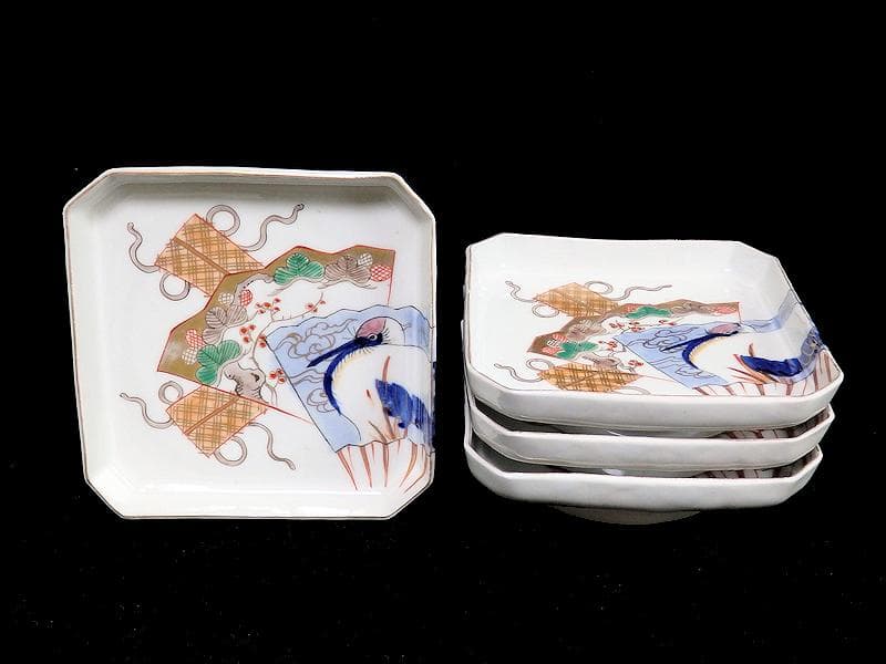 古伊万里　染錦　松に丹頂鶴の図　角皿　４枚　D827AS-BJn