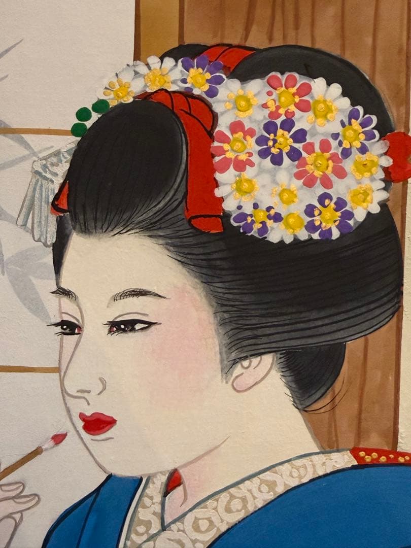 【真作】宮下柚葵（ゆうき）「化粧」日本画 8号 美人画 日本画