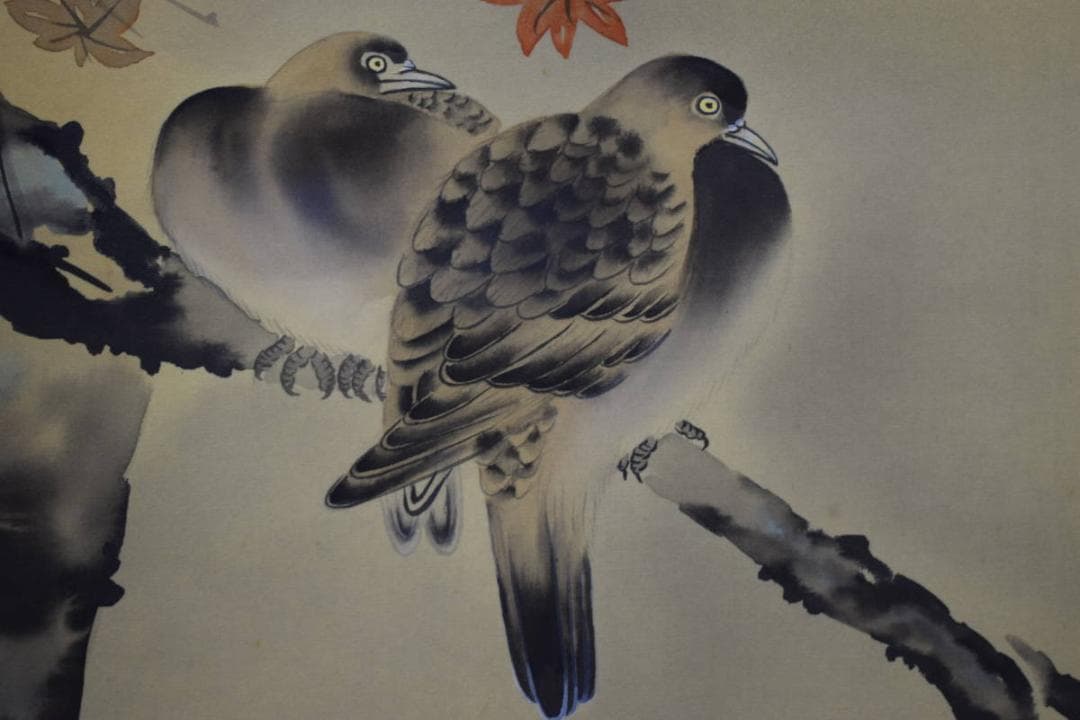 真作/三輪幸風/紅葉に山鳩図/桐共箱付/布袋屋掛軸HF-165