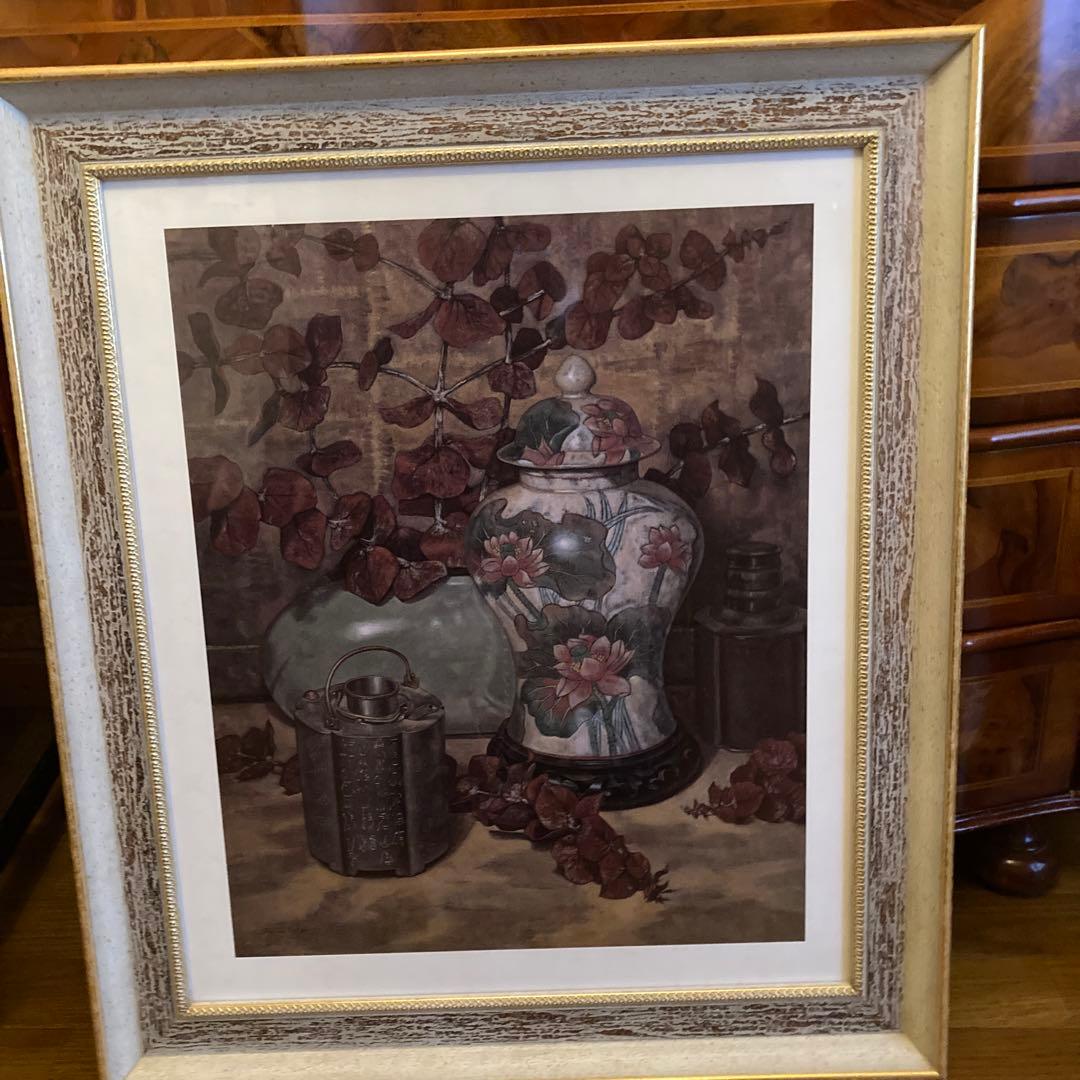 静物画 花瓶と植物 木製フレーム イタリア