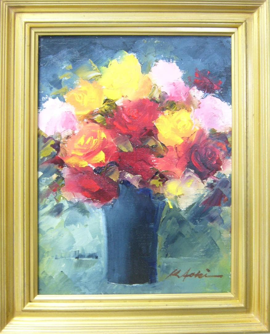 絵画 油絵 青木今陽 肉筆油絵 静物画 薔薇の花