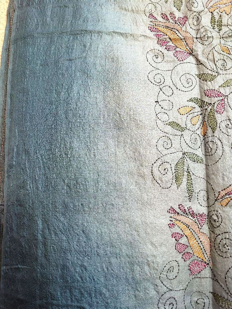 超希少　インド　カンタ刺繍サリー　BL