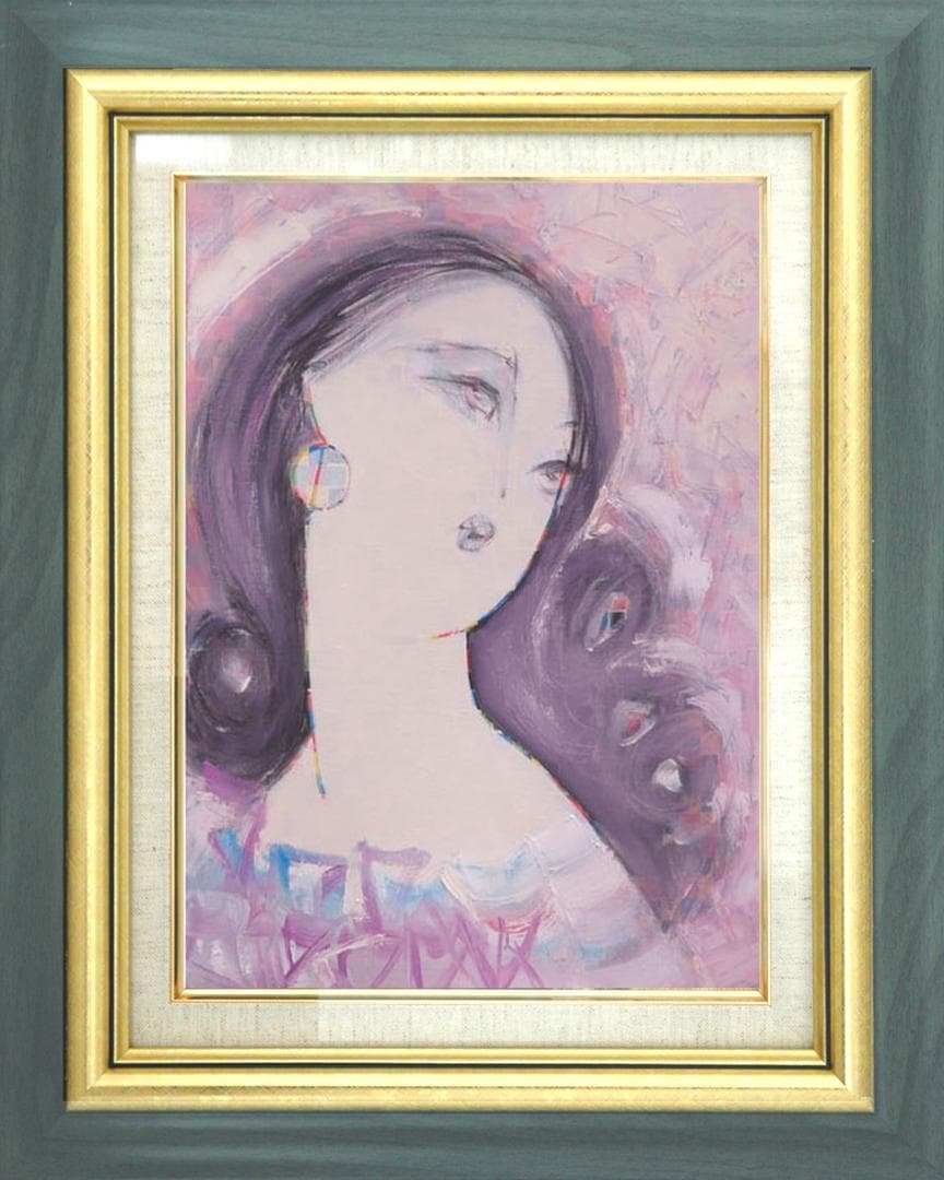 油絵 菅家令子 絵 絵画インテリア額付(青緑＋金色の枠) F6-082111女性