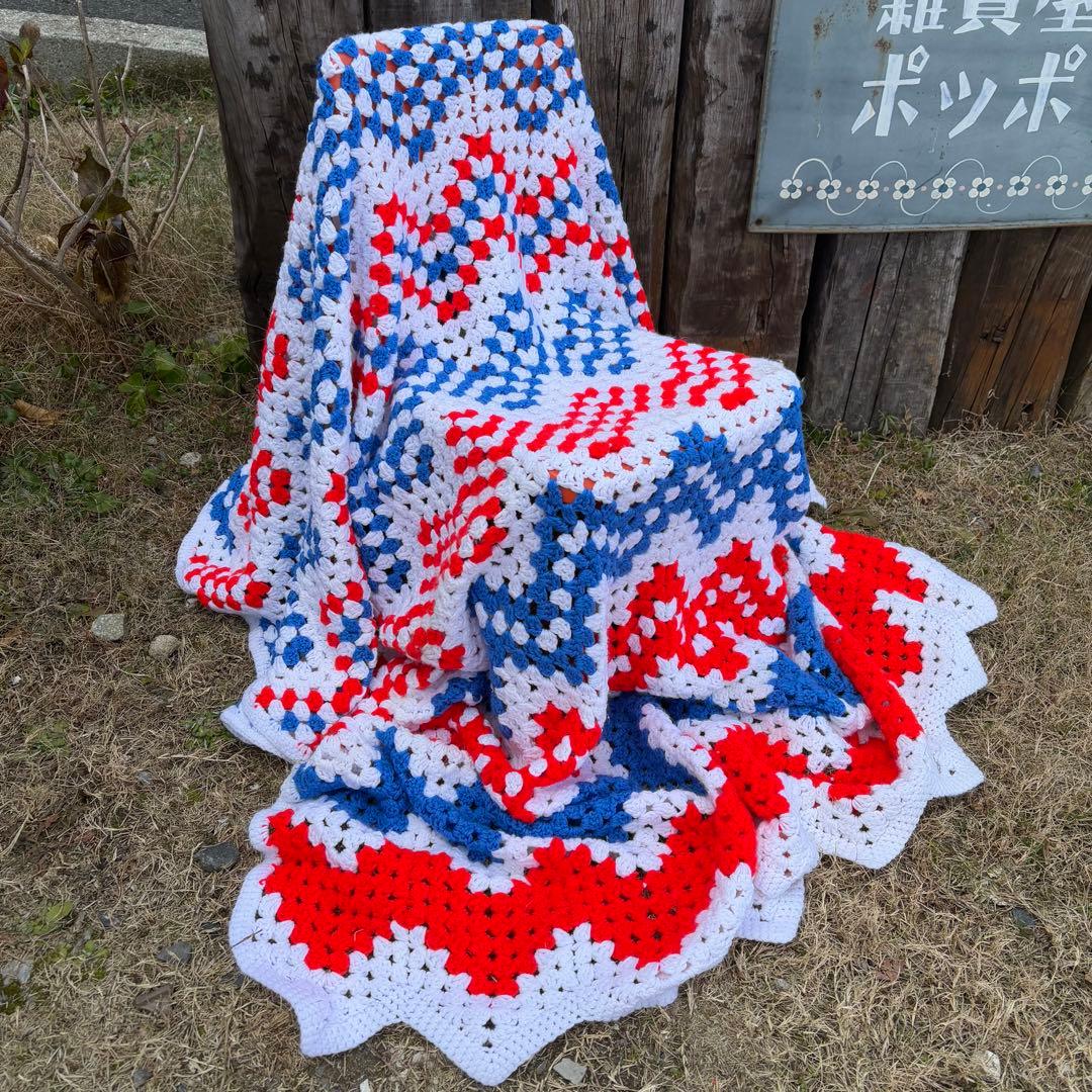 【USA vintage】グラニーブランケット 赤 青 白 トリコロール