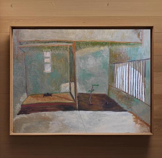 97×130㎝「掛け軸と石と盆栽がある床の間」油彩・原画・F60