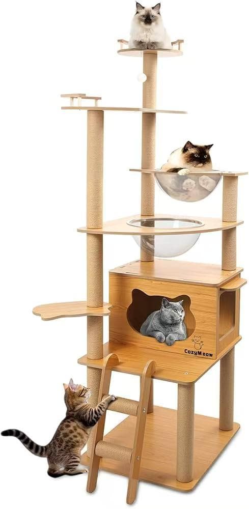 キャットタワー 木製 スリム 宇宙船 据え置き 厚さを増した板材 キャットハウス