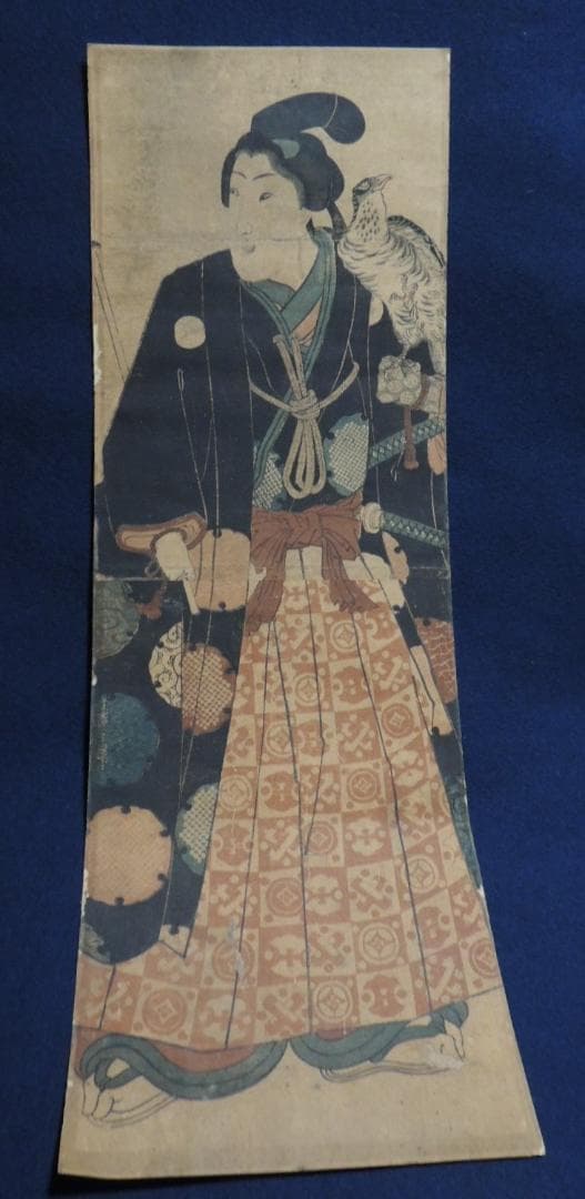 浮世絵「若侍と鷹」鷹狩？作者不明＞刀、まげ、家紋、浮世絵、江戸、Ukiyoe