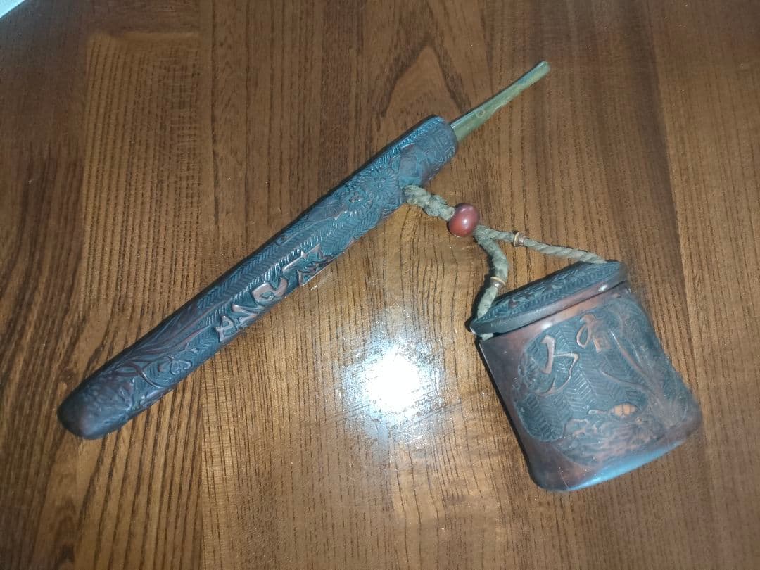 竹製 キセル入れ キセル 彫刻 蟹 煙草入れ 喫煙具 煙管
