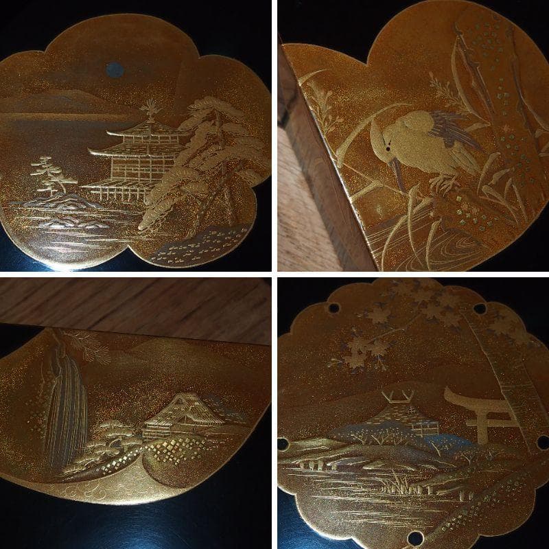 【骨董・時代の美品】大名道具 宝箱 山水蒔絵 箱物/蓋物/菓子器/容器 金縁隅切