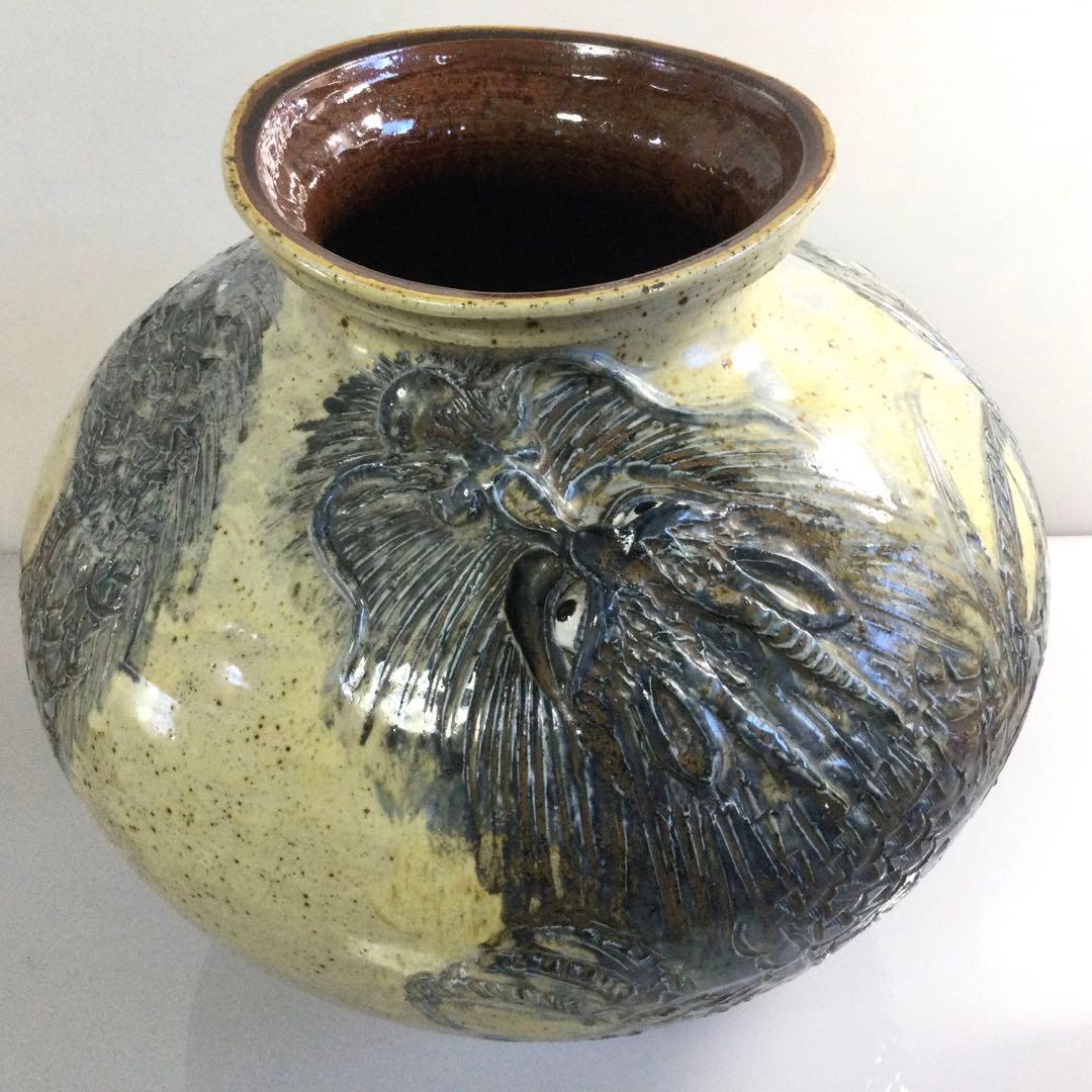 砥部焼 龍彫花瓶 飾壺 森元青芳作 花器 花入 L322