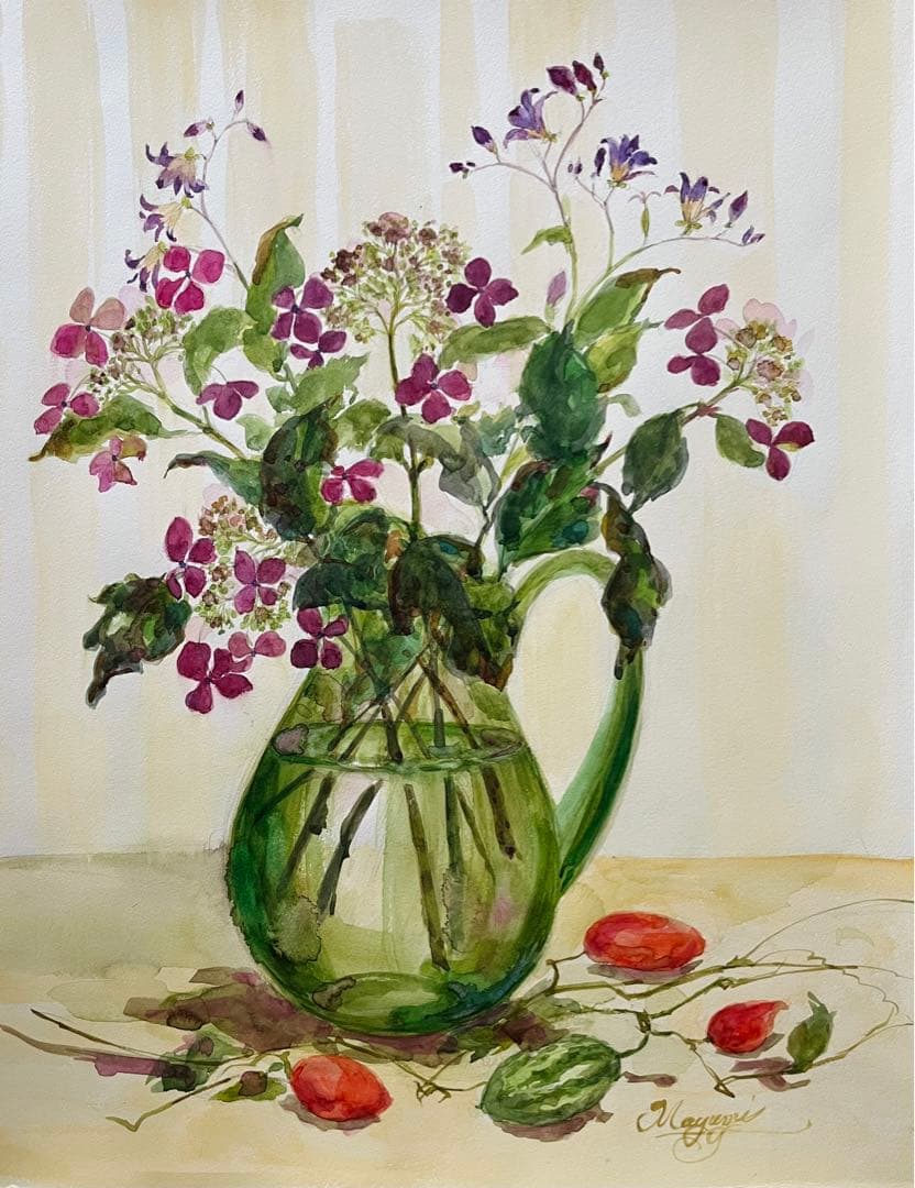 水彩画 花瓶の花と烏瓜　原画