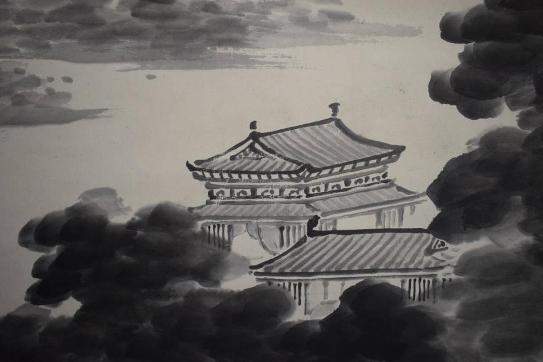 真作/横山雲南/黄仲祥/山水/塔/楼閣/大幅/布袋屋掛軸HK-13