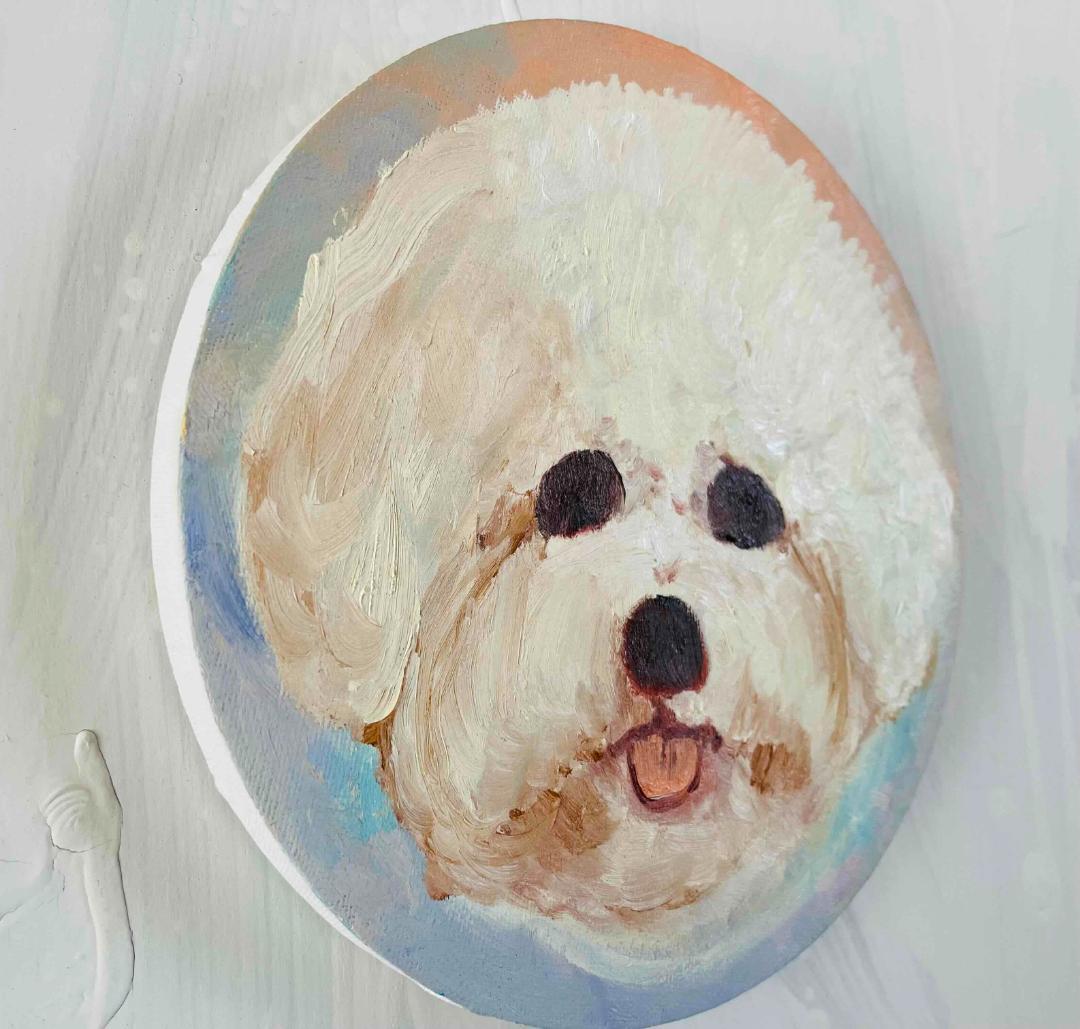 絵画 『ペロ』原画 油彩 直径20cm　犬　DOG 絵画 丸形アートパネル
