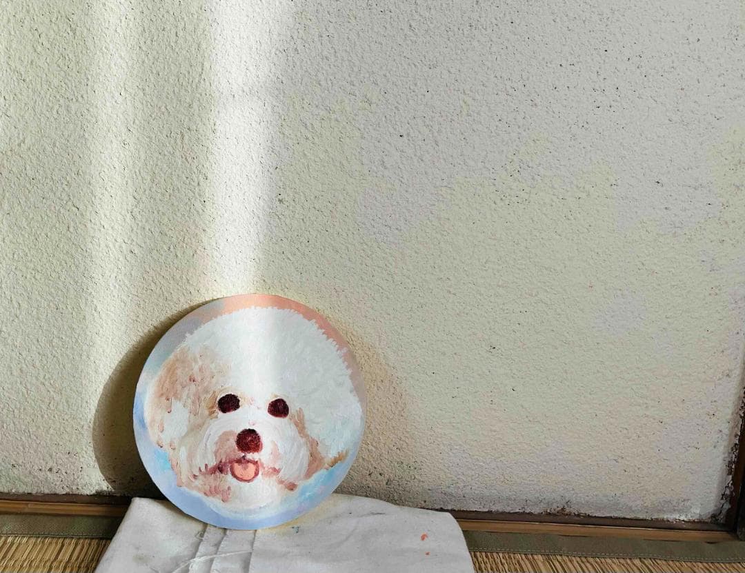 絵画 『ペロ』原画 油彩 直径20cm　犬　DOG 絵画 丸形アートパネル