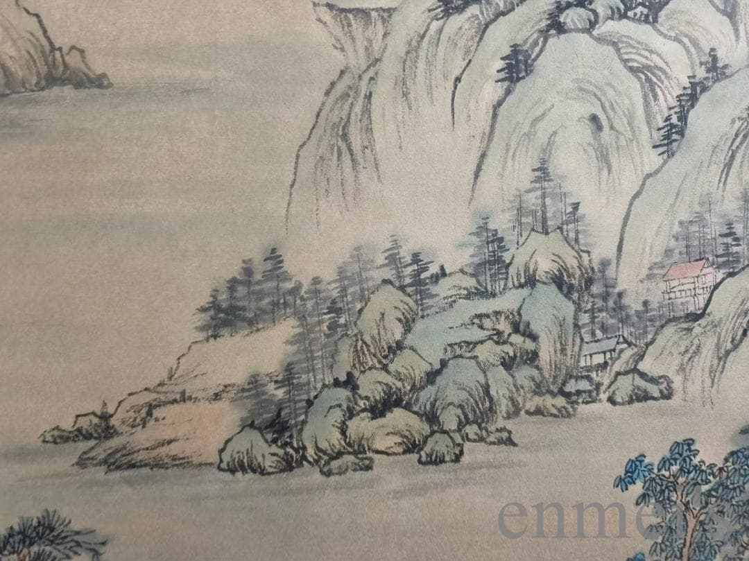 中国古美術【王時敏款 山水図 手描】古書画 正統派 三尺水墨画 掛軸 文房置物