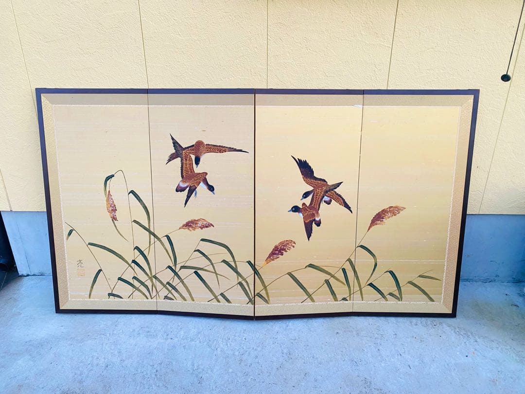 日本画 鳥と草の絵 160cm x 90cm
