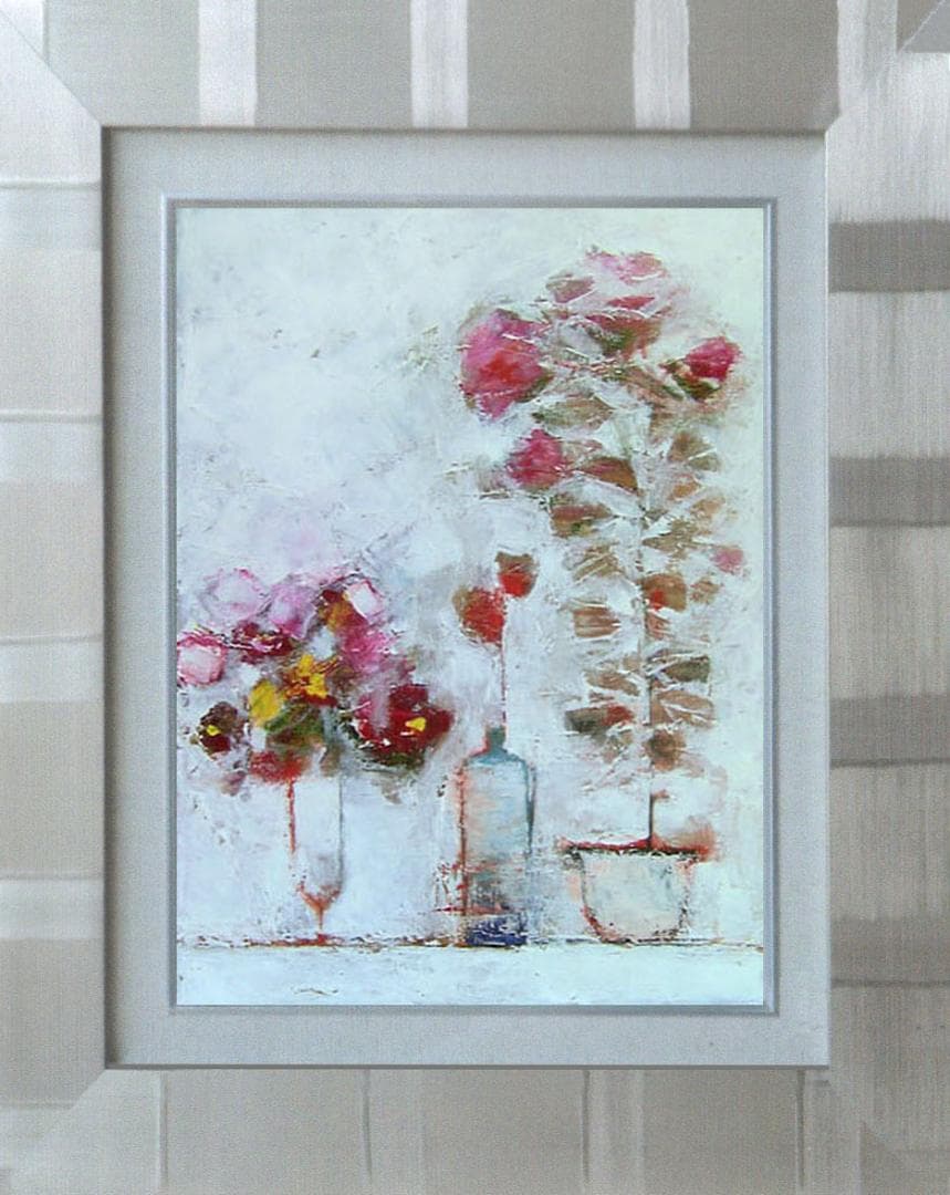 油絵菅家令子 絵 絵画インテリア 額付(青緑＋金色の枠)uF6-071102 花