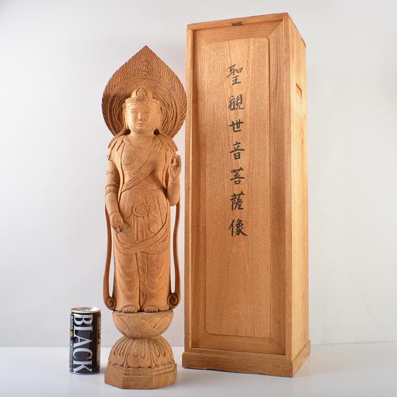 仏教美術　米林菊彫人作　木彫　聖観世音菩薩像　仏像　共箱　V　R6142B
