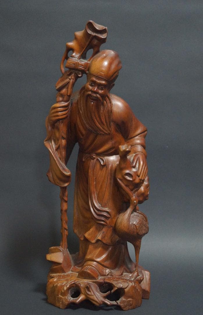 オールド柘植 つげ 黄楊木 細工彫り『寿老人鶴立像』置物 オブジェ高36.5cm
